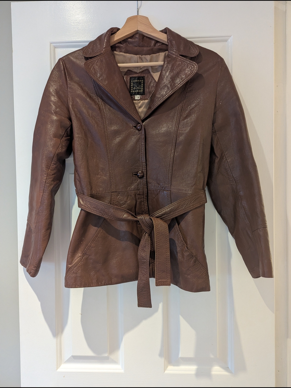 Vintage 70s Boho Brown Leather Belted Jacket Blazer Made In Mexico Womens S/XS